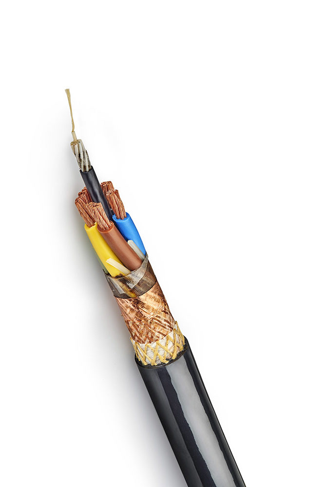 striped cross section armored cable isolated on white.