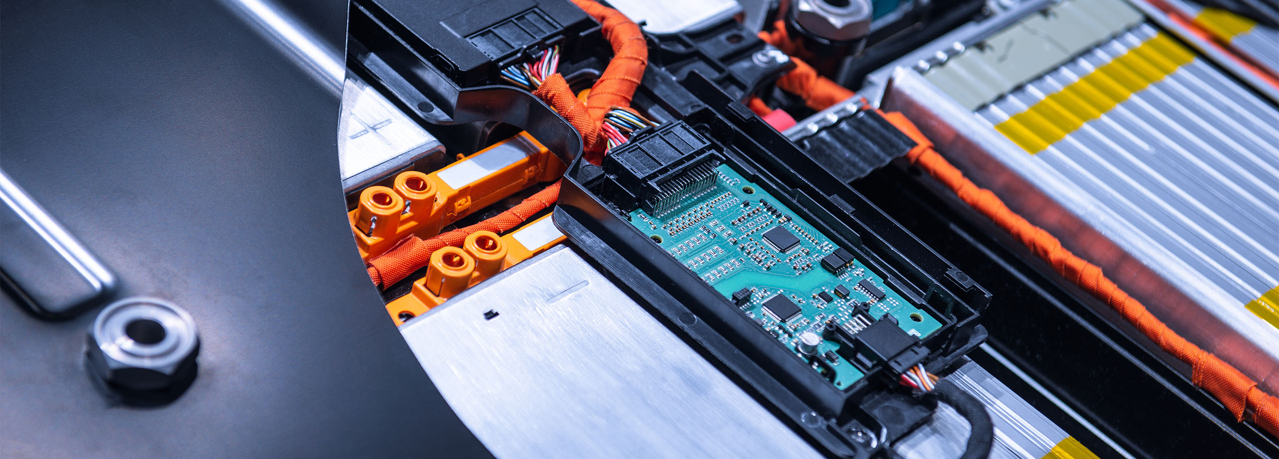 EV car battery pack. Electric car lithium battery pack. Blue toned. Car maintenance. Electric Car Battery