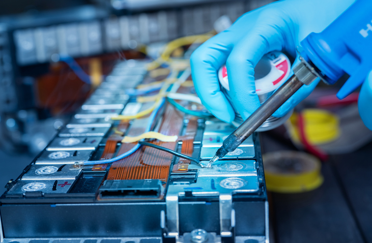 Technician use soldering iron to solder metal and wire of lithium-ion rechargeable battery. Repair module of Li-ion battery. Engineer hand holds soldering iron and tin-lead to solder electronic board. ev battery insulation
